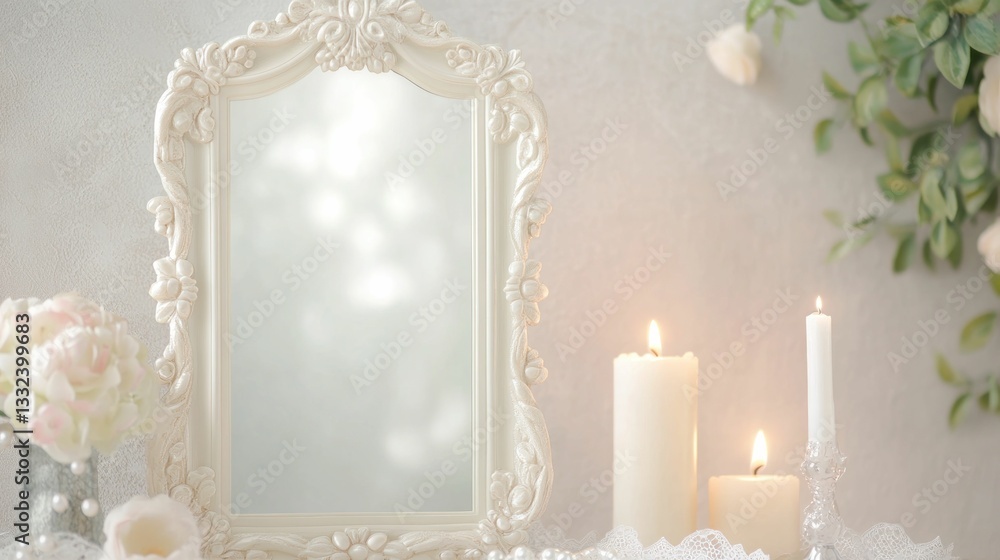 A serene still life featuring an ornate mirror, white candles, and delicate flowers, creating a tranquil and elegant atmosphere. A serene still life featuring an ornate mirror, white candles, and delicate flowers, creating a tranquil and elegant atmosphere.