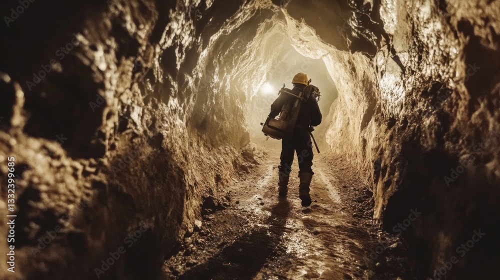 Obraz premium Miner walking in underground tunnel with safety gear and lighting equipment
