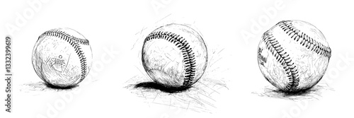 The design features a hand drawn, black and white baseball ball sketch engraving with a modern illustration style, ideal for t-shirt apparel print, and imitates a scratch board
