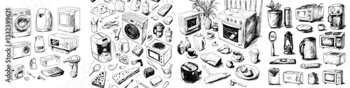 A collection of modern household appliances is depicted in cute, hand-drawn illustrations