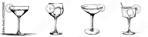 A hand-drawn, modern illustration of a cocktail daiquiri with lime, presented in a vintage black and white style as an isolated alcoholic drink engraving