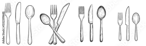 Modern linear sketch of dining cutlery, including a spoon, knife, and fork, isolated on a white background with hand-drawn black lines