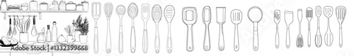 Adorable doodle kitchenware cartoon icons and objects, including kitchen appliances