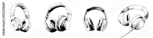 Modern illustration encompasses posters, decorative elements, and printed materials, featuring a hand-drawn sketch of headphones in monochrome set against a white background, rendered in a detailed