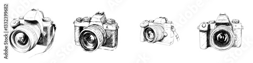 The illustration features a colorful, modern line drawing of a retro camera, created with hand-drawn ink and outlined in a vintage style, blending sketch and cartoon elements