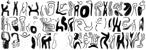A large collection of hand-drawn, assorted, isolated, colorful and black and white shapes and doodle objects is presented in an abstract modern illustration