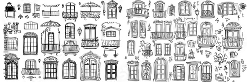 A collection of hand-drawn window frames and balcony facades of various sizes, set against a transparent background, showcasing architectural and outdoor design elements