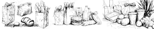Black and white freehand sketch drawings of various grocery items, including French Fries, Pepper, potato, can, jam bottle, minced meat pack, watermelon, milk, cup, and other ingredients