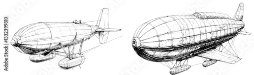 A zeppelin or airship and a blimp or dirigible are depicted in an engraved, hand-drawn illustration with an old sketch style, symbolizing vintage transport