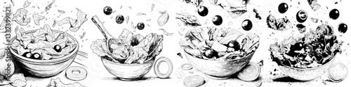 A modern illustration, in an engraving style, depicts a salad bowl containing a mix of vegetables and lettuce leaves, set against a white background, showcasing vegetarian food with pepper and