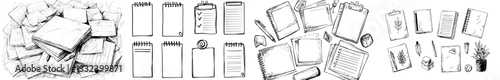 Notes and doodles on paper, including a sketchbook, to-do list, planner, diary, and bullet journal, all featuring hand-drawn illustrations