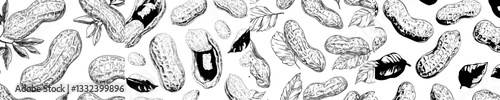 A modern illustration features a hand-drawn sketch of a peanut, grain, and leaf in black and white, suitable for use as a label, card, sticker, menu, or package in a graphic style reminiscent of