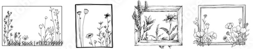 A hand-drawn picture frame adorned with floral ornaments and modern doodle illustrations, complete with copy space