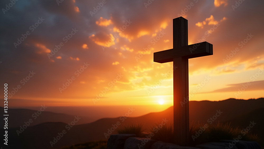 Silhouette of Catholic cross against sunrise symbolizing faith and new beginnings with serene natural backdrop. concept as Silhouette of Catholic cross against sunrise symbolizing faith and new beginn Silhouette of Catholic cross against sunrise symbolizing faith and new beginnings with serene natural backdrop. concept as Silhouette of Catholic cross against sunrise symbolizing faith and new beginn