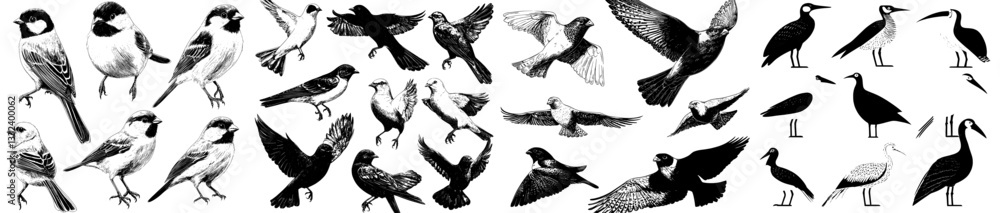 Obraz premium Modern illustration features a set of engraved sketches of various bird species, including flying cardinal, sparrow, pigeon, eastern bluebird, robin, and starling