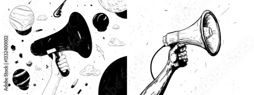 A hand drawn in a single line holds a megaphone, representing a person with a loudspeaker in a continuous line art style, symbolizing modern announcements for sales, hiring, or events