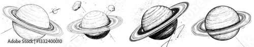 The planet Saturn, known for its rings, is depicted in a modern illustration as a sketch engraving within a Solar system design, suitable for a T-shirt apparel print, created in a scratch board style