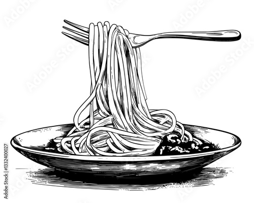 A modern, hand-drawn illustration in black and white depicts pasta, spaghetti, a fork, tomato, and basil, in a graphic style that resembles an engraved design, making it ideal for use on labels,