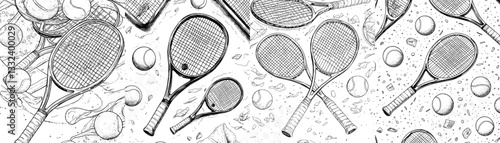 A contemporary seamless design featuring hand-drawn doodle sketches of tennis rackets and a ball set against a white background