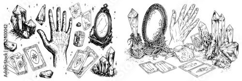 The modern witchcraft set consists of hand drawn esoteric occult icons in sketch style, including a range of magic objects and mystery symbols like candles, crystals, runes, tarot cards, and an