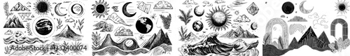 Modern illustration featuring a collection of line designs with sun and mountain elements, fully editable for various uses such as websites, stickers, tattoos, and icons