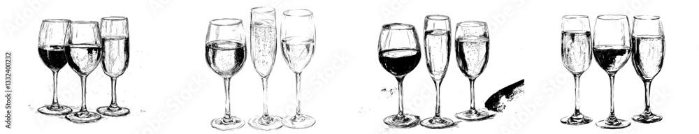 Fototapeta premium A collection of wineglasses for red wine, white wine, and champagne, depicted in a modern hand-drawn retro illustration style