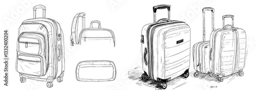 Traveling bags and suitcases are depicted as isolated doodle objects with contours on a white surface