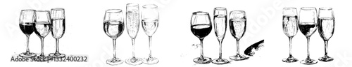 A collection of wineglasses for red wine, white wine, and champagne, depicted in a modern hand-drawn retro illustration style
