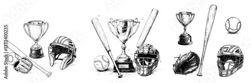 Modern hand drawn sketch illustration of baseball sports equipment, including ball, glove, baseball bat, and helmet icons