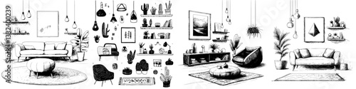 A modern illustration set featuring furniture, indoor plants, and decorative items, including a sofa, armchair, lamp, table, wardrobe, and house plants, all in a linear contour design