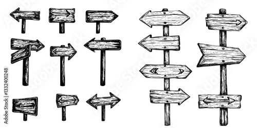 A hand drawn style sketch of a wooden signpost set is depicted in a modern graphic illustration with background design and vintage cartoon decoration