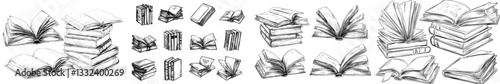 A set of hand drawn books represents an educational concept through vintage sketches and modern illustrations