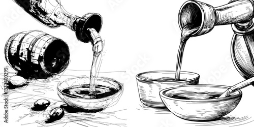 Modern illustration of a steel ladle pouring metal in a line art sketch engraving style, suitable for a T-shirt apparel print design with a scratch board imitation effect, presented as a black and