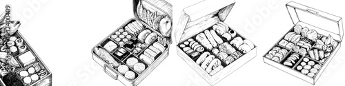 A simple drawing of Osechi, the traditional Japanese New Year's food, created by hand