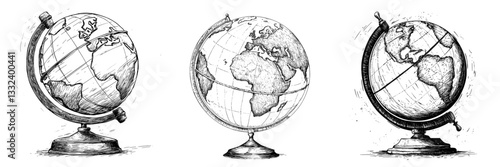 The illustration is a modern depiction of a hand drawn standing globe, featuring South and North America on a white background with a vintage sketch aesthetic