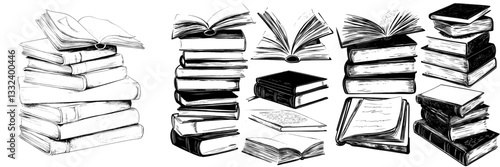 The set includes a hand drawn book, monochrome notebooks for sketching, library and bookstore elements, an engraving of a stack of textbooks, a hardcover diary or encyclopedia, and other modern