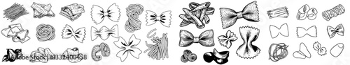 Pasta products are depicted in a modern illustration featuring a color sketch engraving, alongside a t-shirt apparel print design, scratch board imitation, and a black and white hand drawn image
