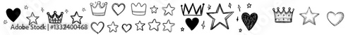 Collection of manually sketched doodle items, including stars, a crown, and hearts