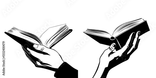 Modern linear illustration of hands holding an open book with a blank cover mockup, drawn by hand in a minimalist style