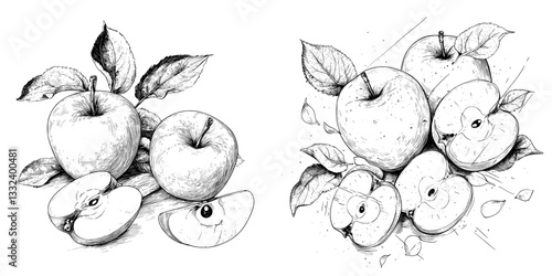 A collection of hand-drawn sketches featuring apples and leaves, presented in a modern illustration style with both whole and cut fruits, reminiscent of vintage engravings, on a clean white