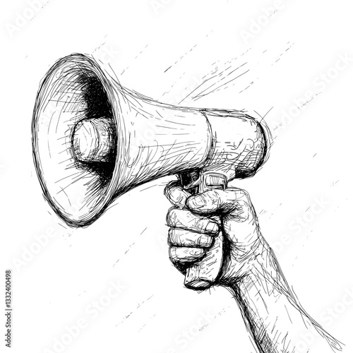 A hand grasping a loudspeaker is depicted in a modern, hand-drawn sketch illustration, symbolizing a megaphone doodle icon often used in advertisement and marketing concepts