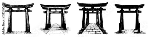 A modern Japanese torii gate is depicted in a hand-drawn monochrome illustration, isolated on a white background in a vintage sketch style