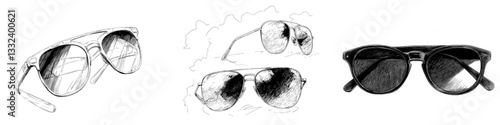 Modern illustration of flying glasses is depicted in a sketch engraving style, suitable for a T-shirt apparel print design, resembling a scratch board imitation, presented as a black and white hand