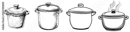 Modern pot element in trendy style, represented by a hand drawn saucepan sketch symbol