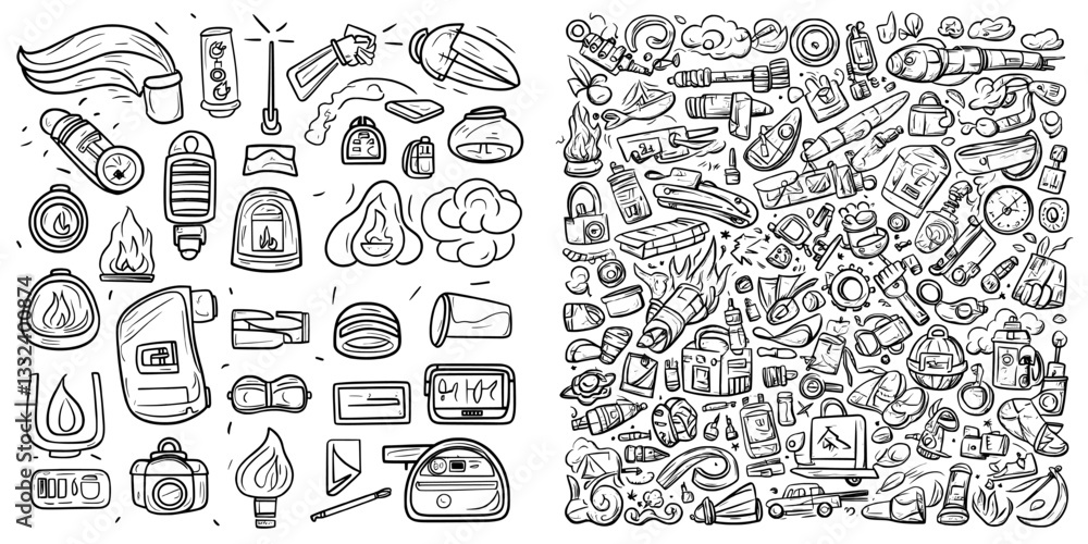 Firefighter team concept doodles are presented in a hand drawn set with outline and black and white style across multiple collections Firefighter team concept doodles are presented in a hand drawn set with outline and black and white style across multiple collections
