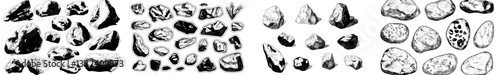 A set of modern black and white doodle nature elements featuring hand drawn rocks, gravel stones, and boulders