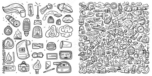 Firefighter team concept doodles are presented in a hand drawn set with outline and black and white style across multiple collections