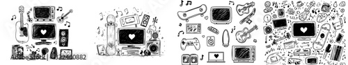 Hand drawn doodle sketch of sports music items for teenagers including skate, guitar, headphones