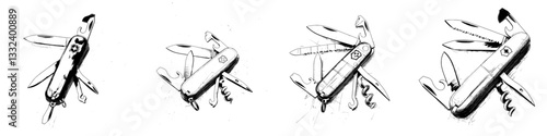 Retro hand drawn illustration of a folding swiss army knife
