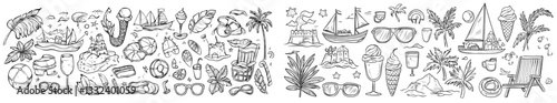 A modern set of cute summertime line stickers featuring hand drawn tropical leaves, fruits, and cocktails, along with beach party, vacation, and travel doodle elements